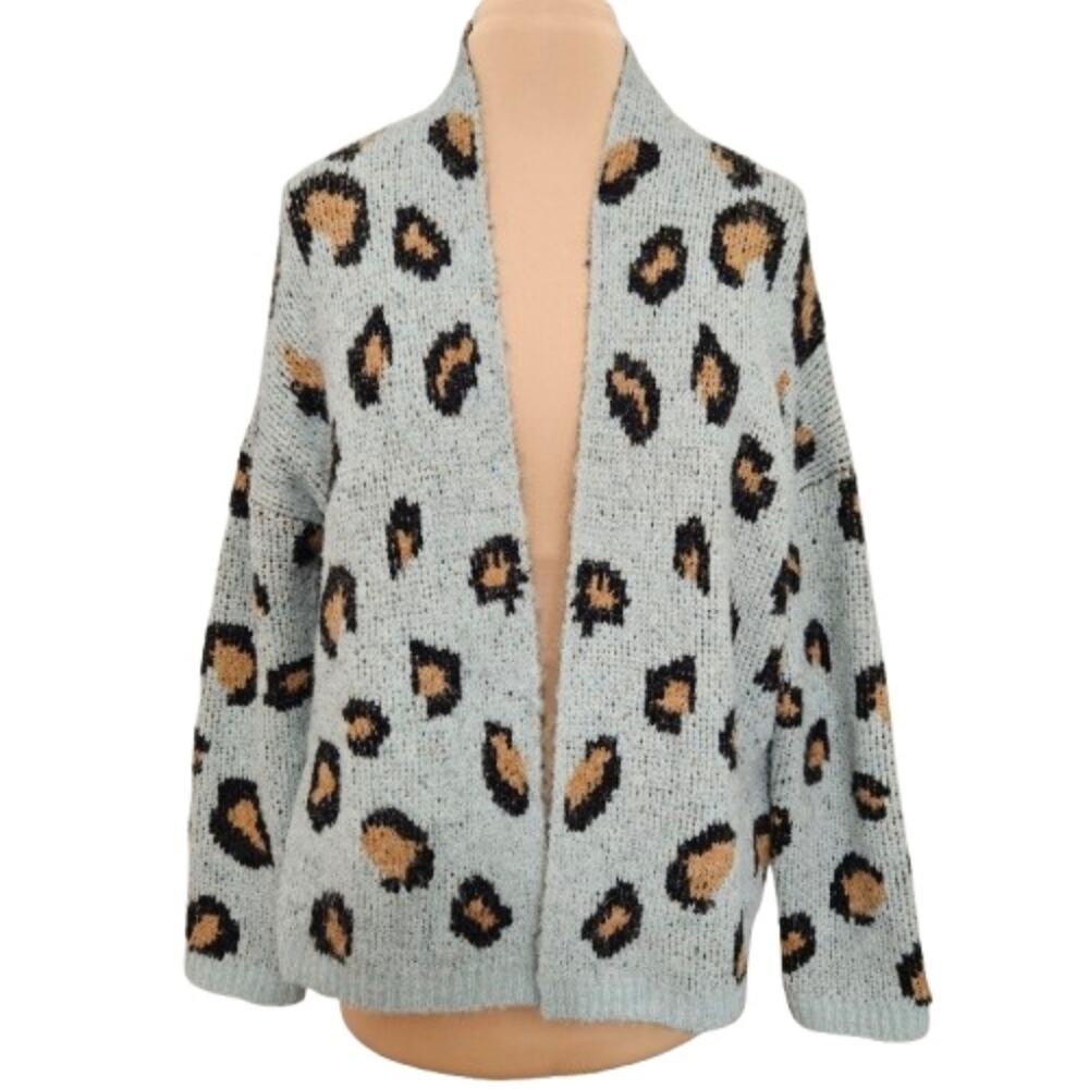 Hem & Thread Angora Blend Leopard Print Open Front Cozy Cardigan M/L